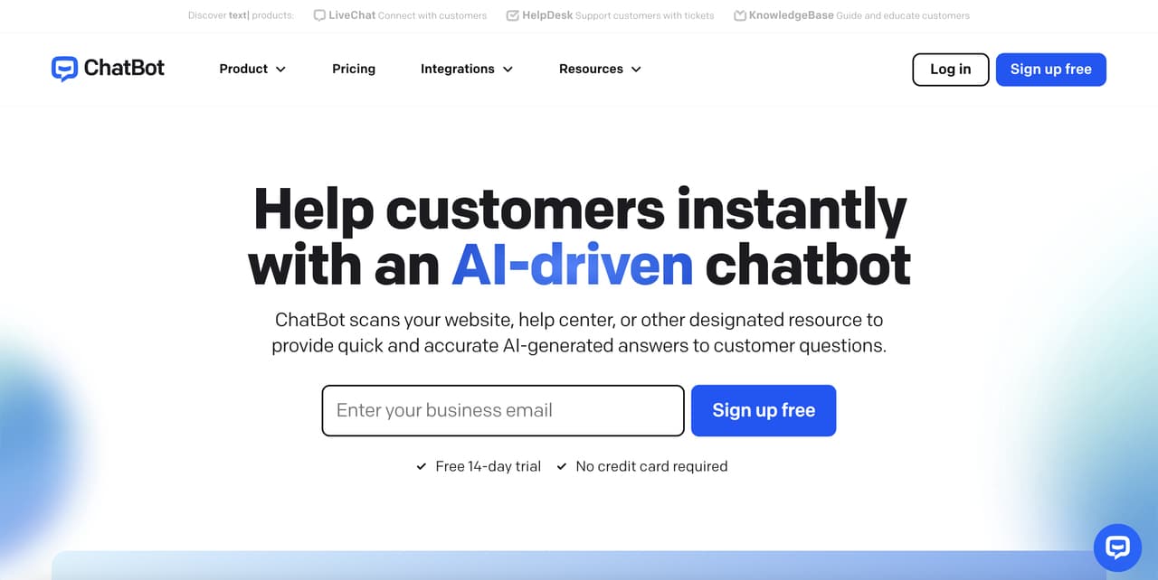 the homepage of Chatbot website