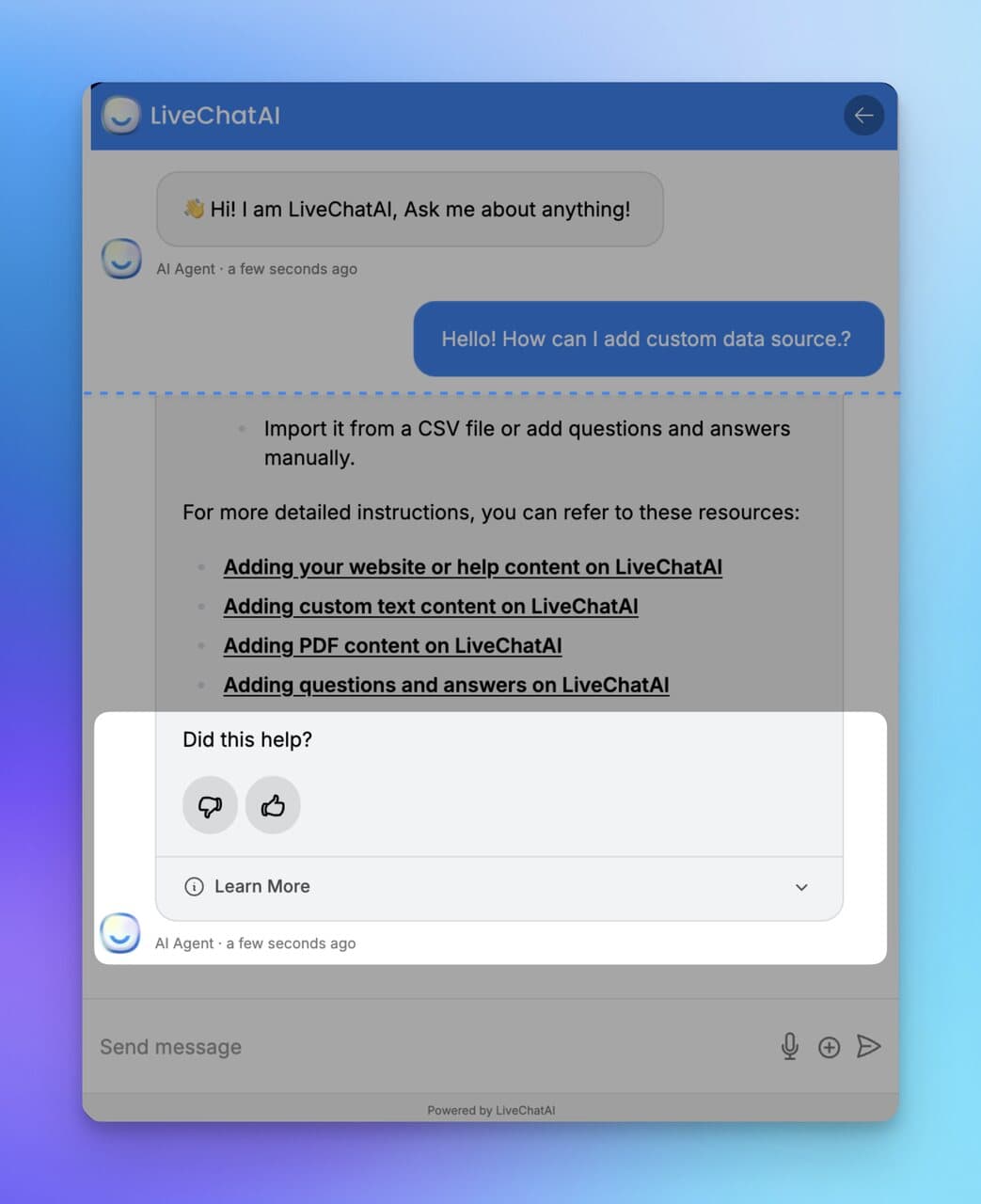 LiveChatAI response feedback screen used to preview and refine chatbot conversations