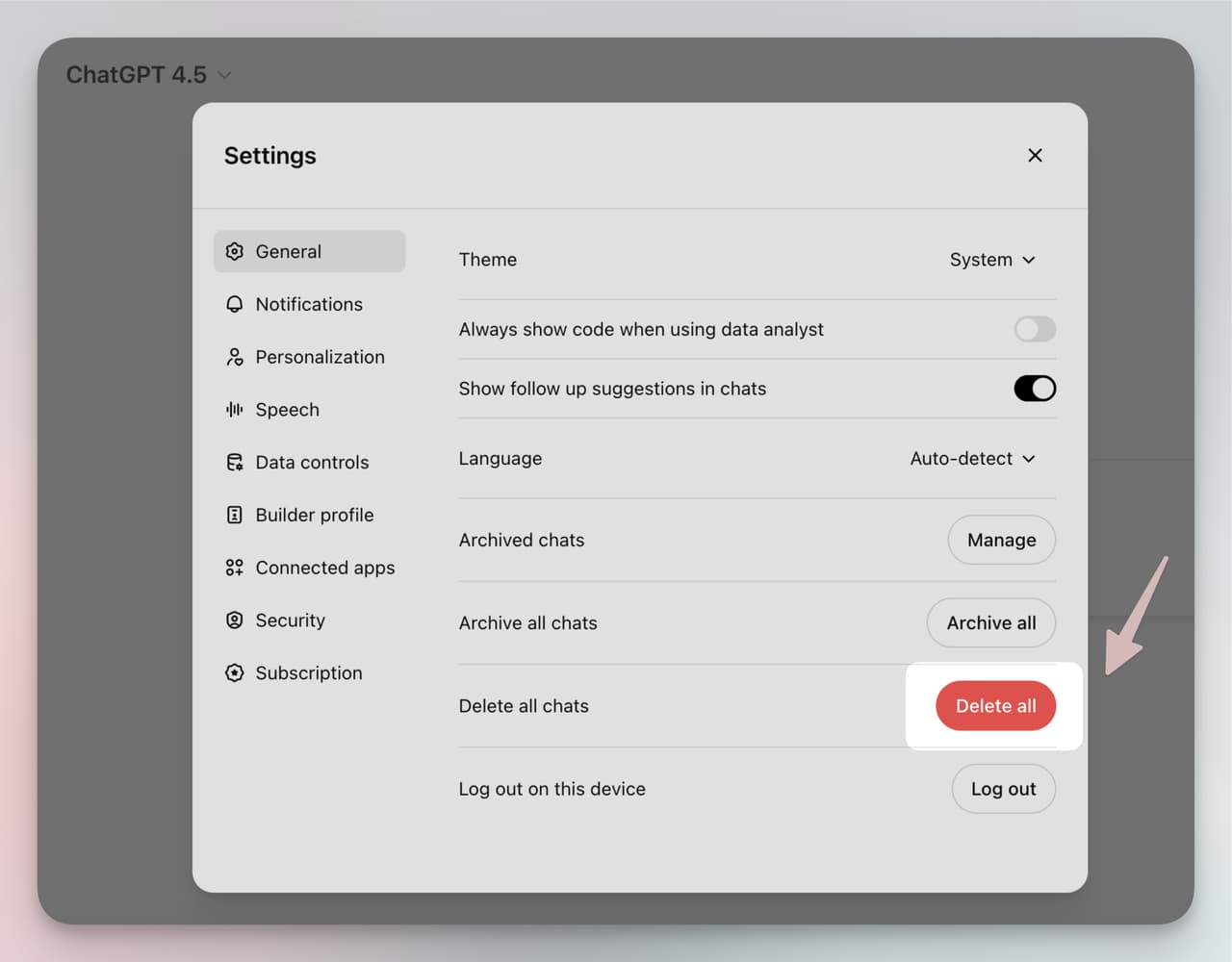 ChatGPT settings menu highlighting the Delete All Chats button, allowing users to permanently remove all stored conversations for better data privacy.