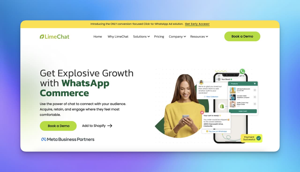 the homepage of LimeChat with green background