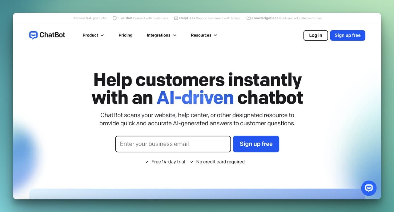 ChatBot platform homepage for no-code AI customer support and chatbot creation