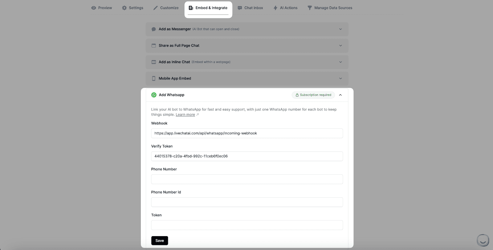 LiveChatAI WhatsApp integration panel showing webhook and token fields