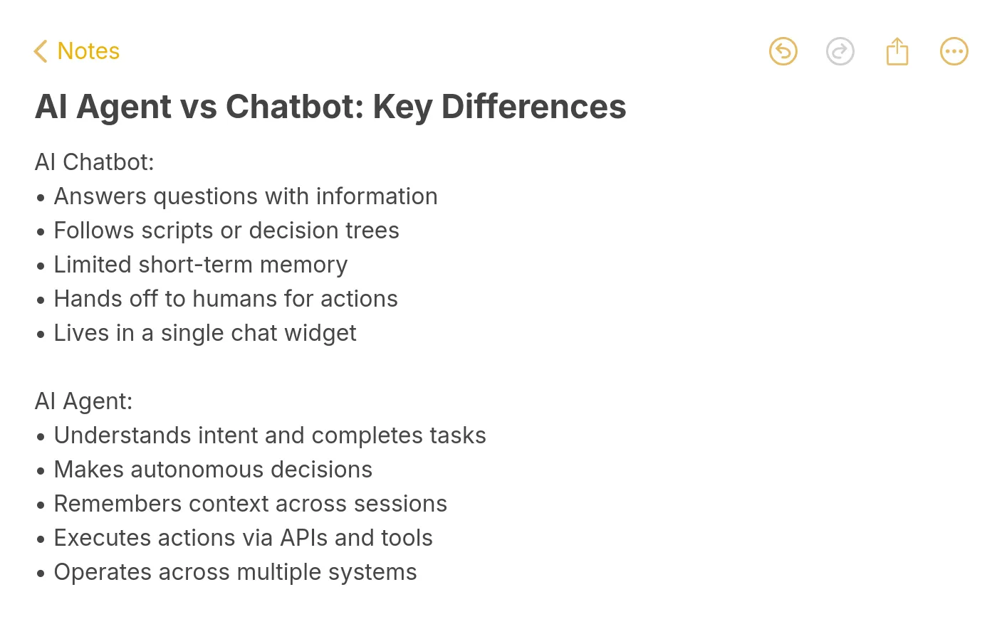 Note-style summary listing key differences between AI chatbots and AI agents, comparing response type, decision-making, memory, action capability, and system integration.