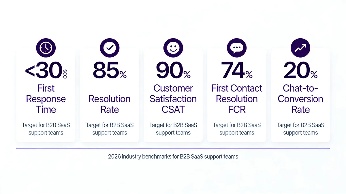 Live chat KPI benchmarks for 2026: first response under 30s, 85% resolution, 90% CSAT, 74% FCR, 20% chat-to-conversion