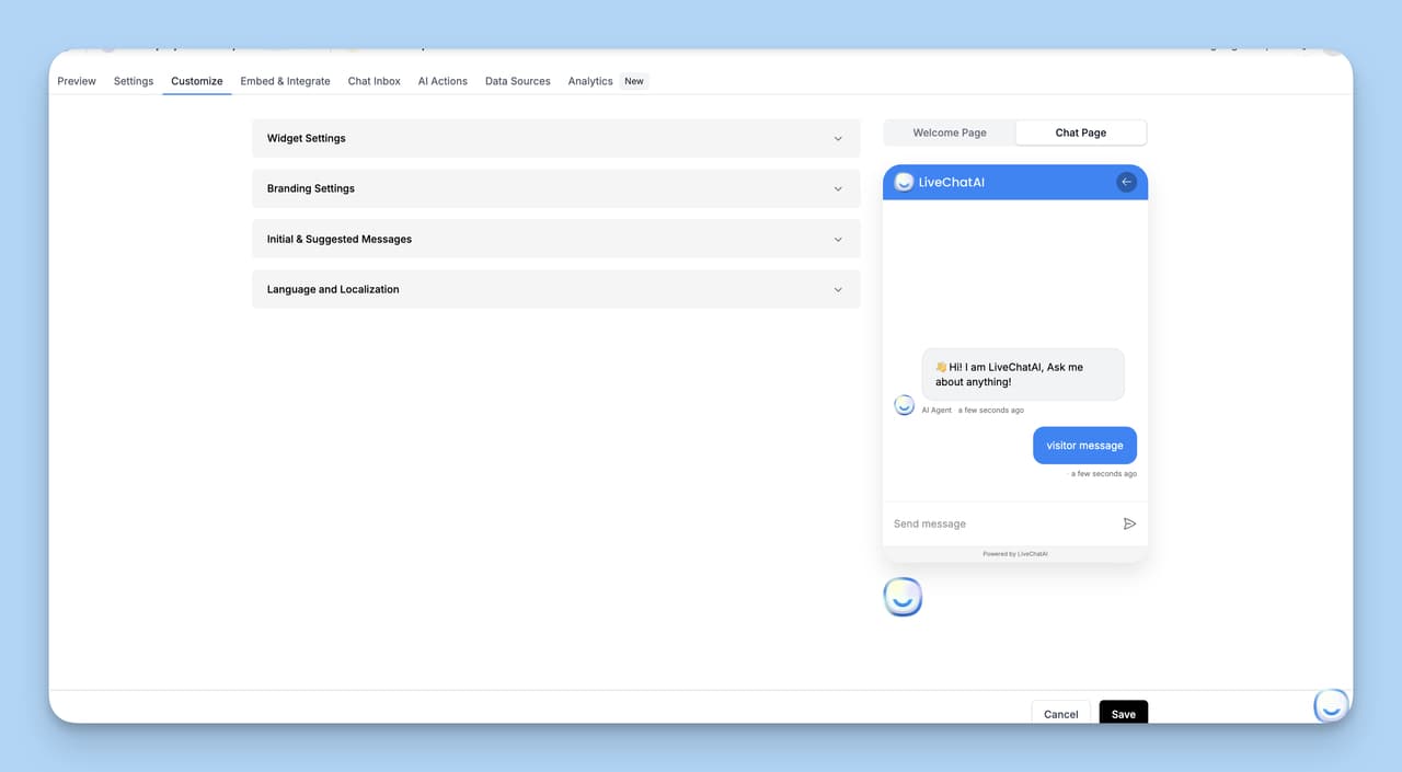 LiveChatAI customization screen for widget colors, logo and welcome message