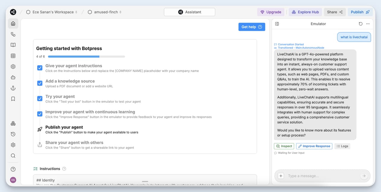 Botpress user interface showing agent setup steps including instructions, knowledge base, and publishing flow