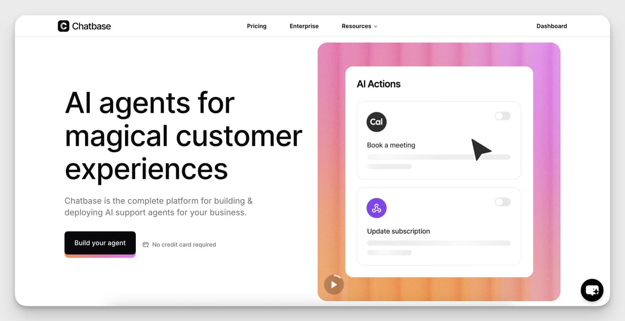 Chatbase homepage with AI Actions card for booking and subscription updates — baseline for comparing any Chatbase alternative.