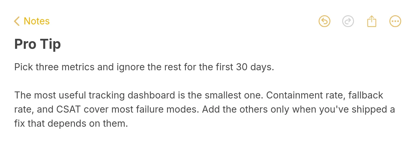 Pro tip note explaining that you should pick three metrics like containment rate, fallback rate, and CSAT and ignore the rest for the first 30 days because the most useful tracking dashboard is the smallest one