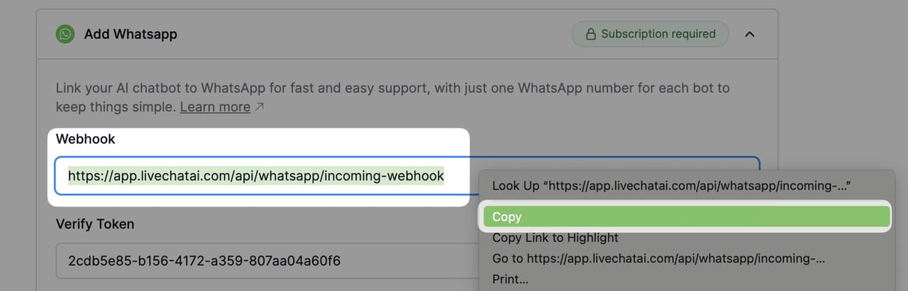 the Webhook URL on the dashboard of LiveChatAI