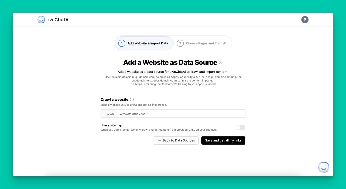 Adding a healthcare website as a data source inside the LiveChatAI chatbot builder