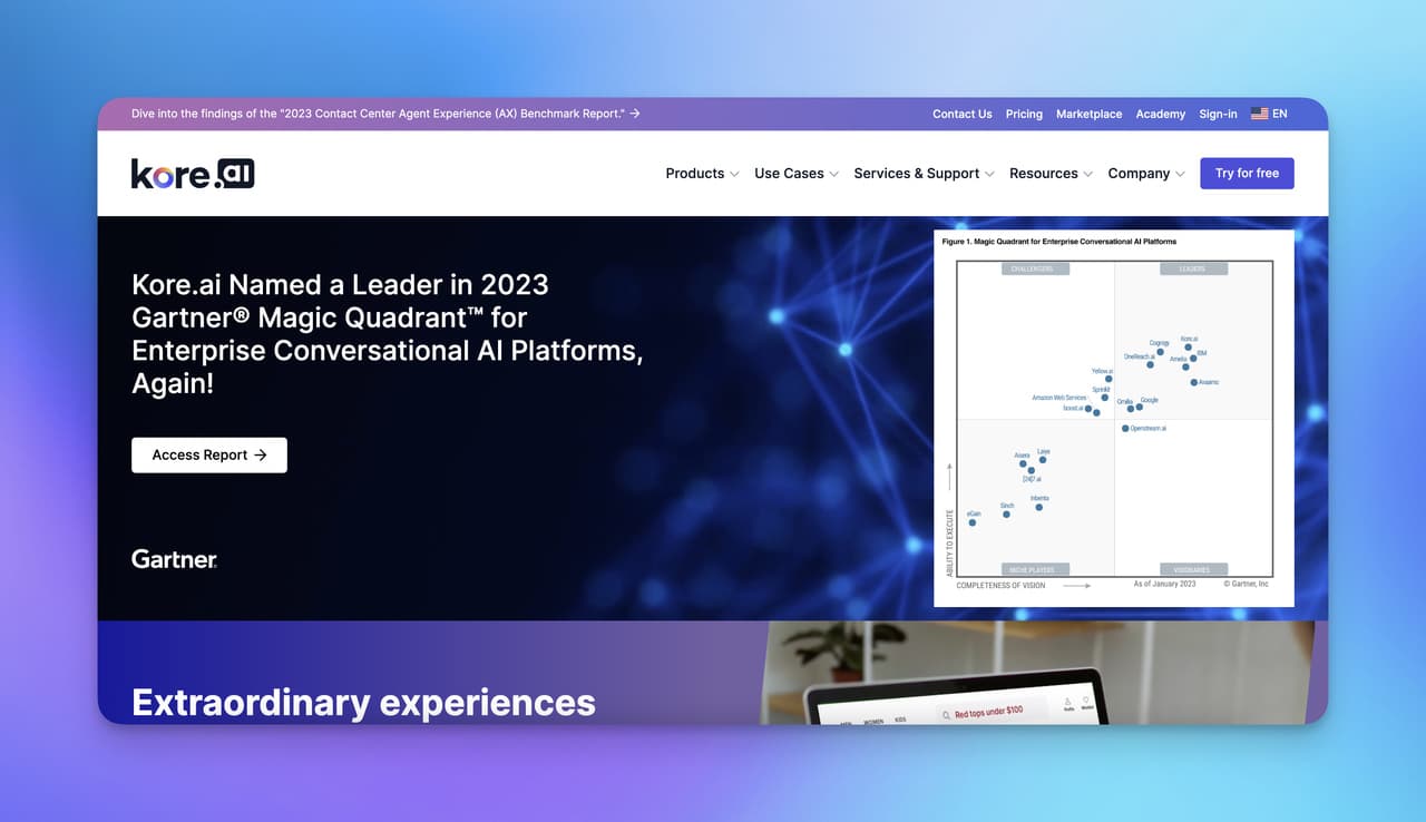 the homepage of Kore.ai with research explanation on above-the-fold