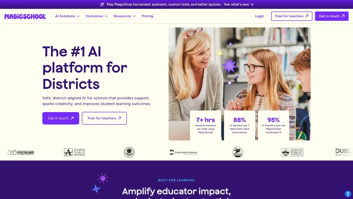 MagicSchool AI homepage promoting the number one AI platform for school districts and teachers