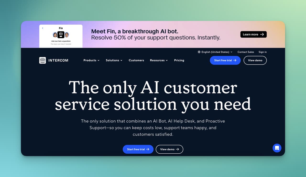 the homepage of Intercom, which is one of the best customer service tools in the business world