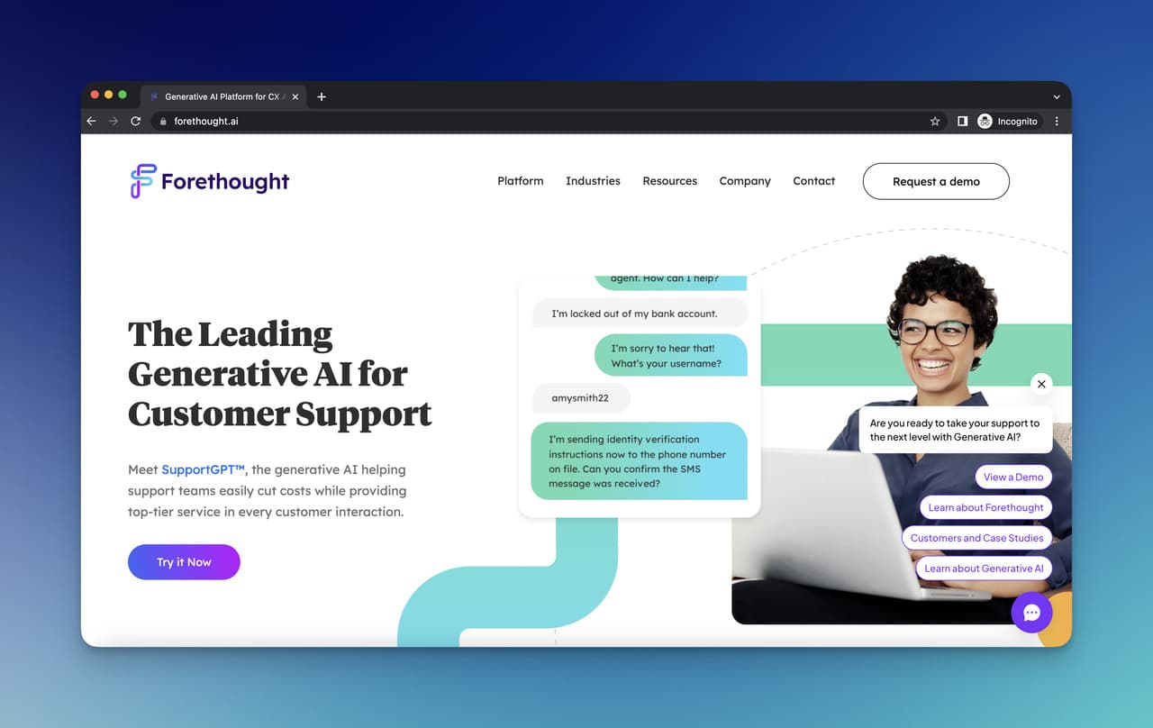 Forethought AI homepage featuring enterprise customer support automation across Zendesk Salesforce and Freshdesk