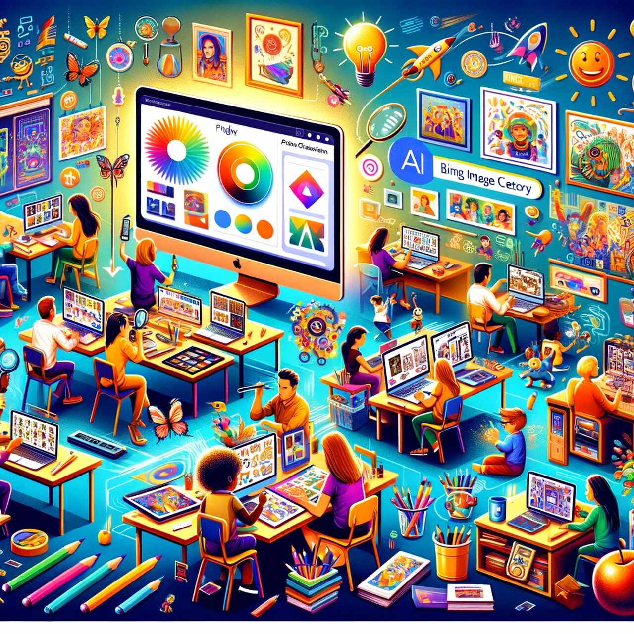 A computer room equipped with AI tools for education with people diligently working on computers in 2026