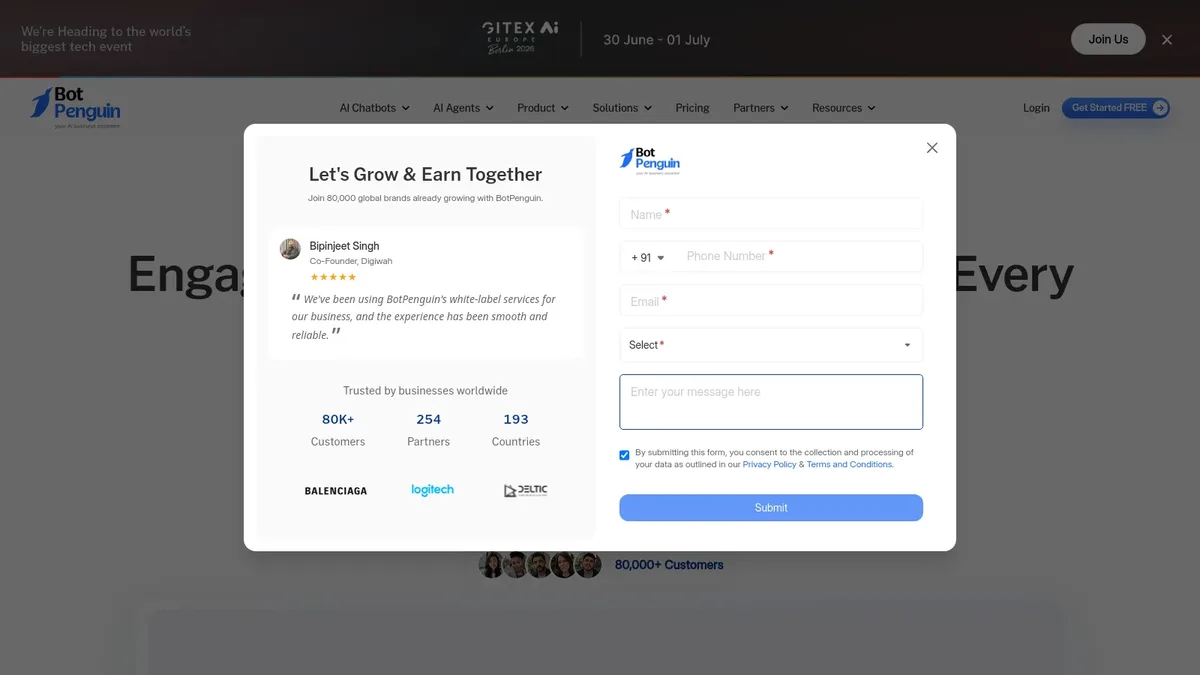 BotPenguin homepage showcasing multi-channel ecommerce chatbot maker for WhatsApp, web, and Facebook Messenger