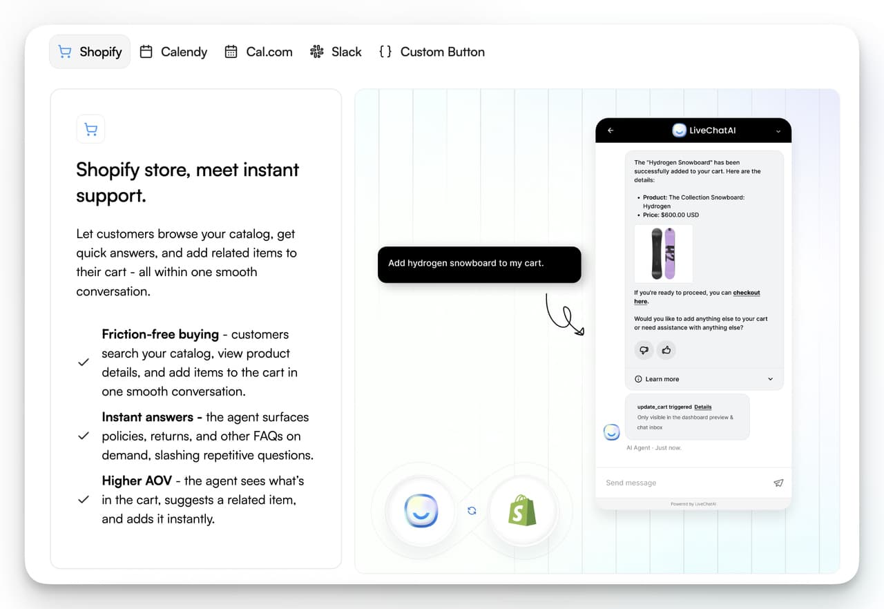 Shopify Product Recommendation App - LiveChatAI Shopify integration demo showing conversational AI chatbot recommending and adding products to cart.