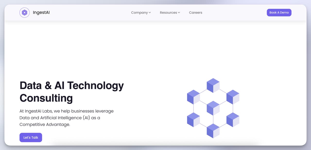IngestAI consulting style homepage focusing on data and AI tech services - voice-and-chat Chatbase alternative for IVR use cases.