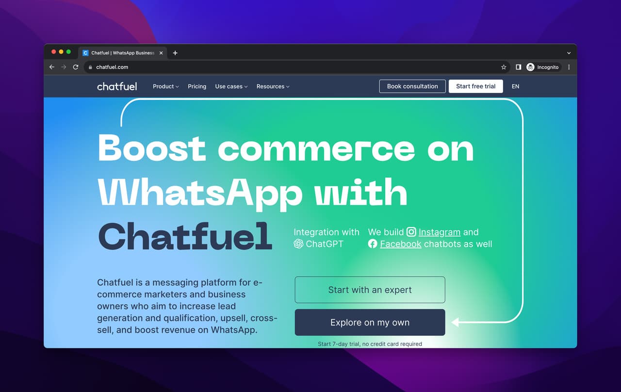 Chatfuel homepage showing the no-code chat automation builder