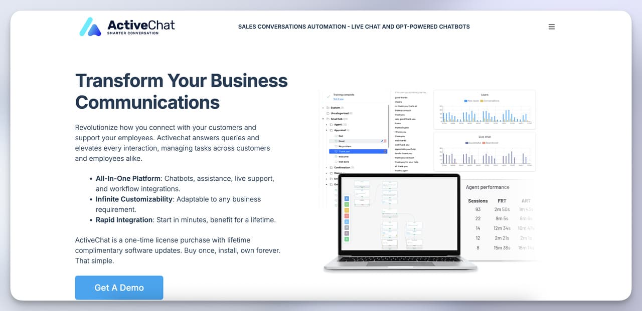 Activechat flowchart builder homepage promising one-time license and infinite custom bots - lifetime Chatbase alternative option.