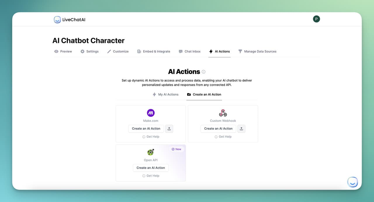 the AI actions section on LiveChatAI