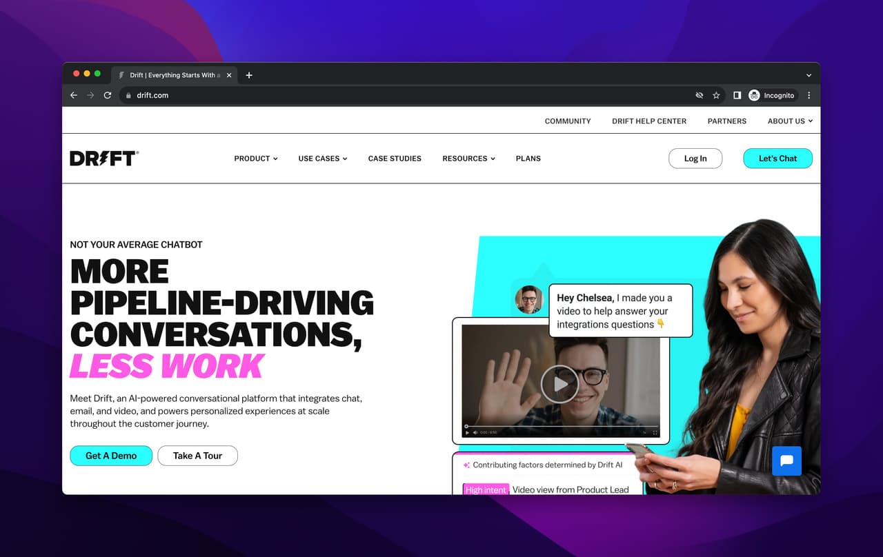 Drift homepage showing the conversational marketing platform for B2B