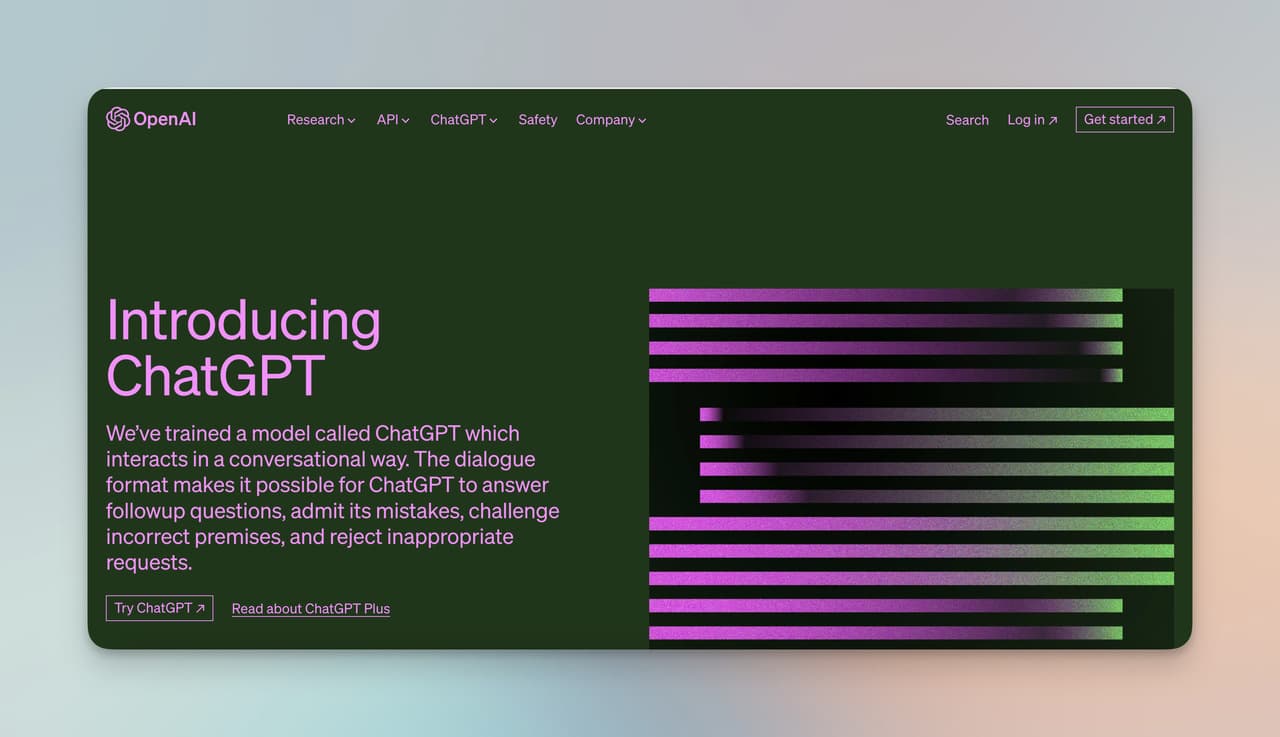 the ChatGPT page of Open.ai with green background and neon pink lines