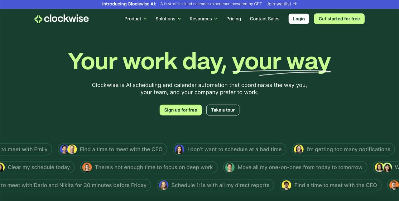 the homepage of Clockwise on a green background