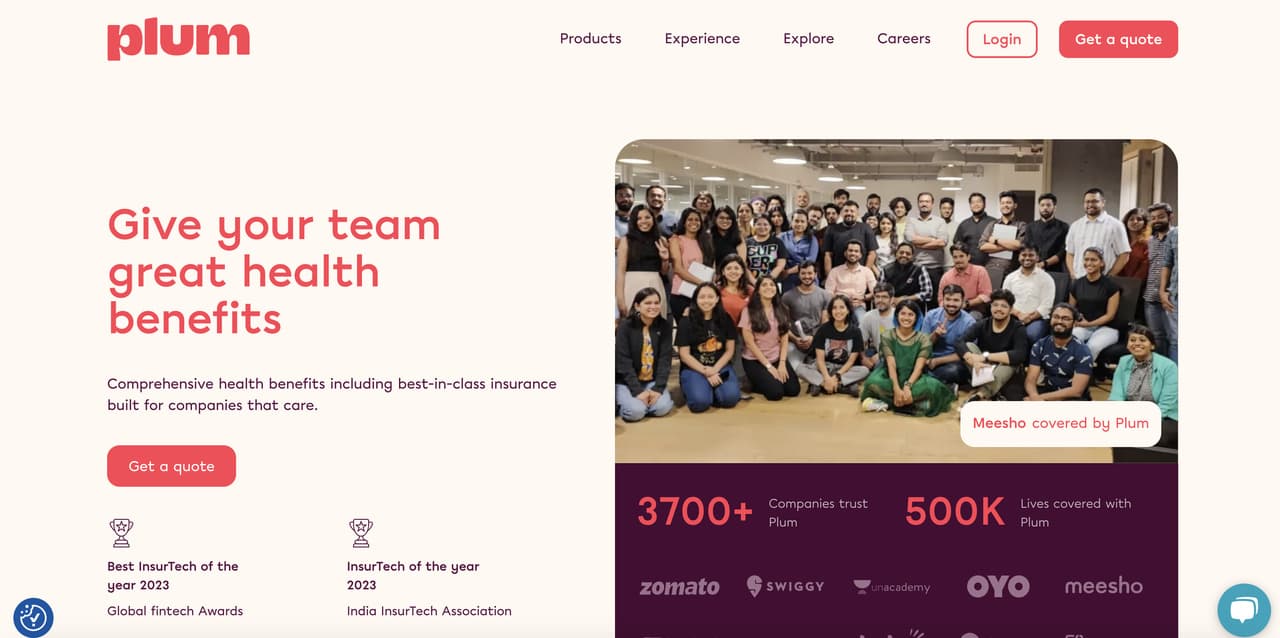 Plum insurance website with clean layout showing WhatsApp chatbot for health insurance claims handling and policy support