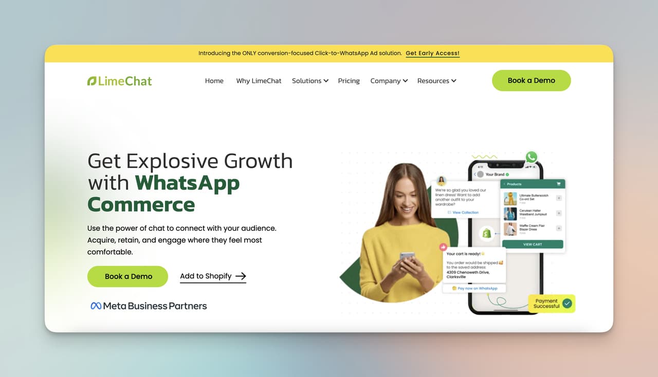 LimeChat homepage showing the AI chatbot platform for eCommerce stores