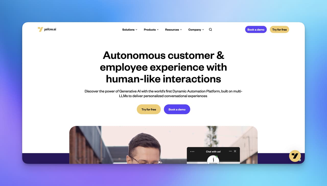 the homepage of Yellow.ai with long explanations