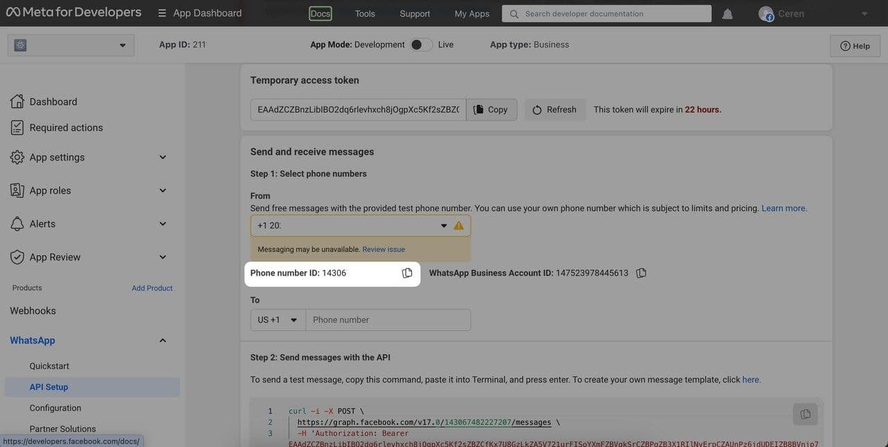 Phone Number ID on Meta for Developers