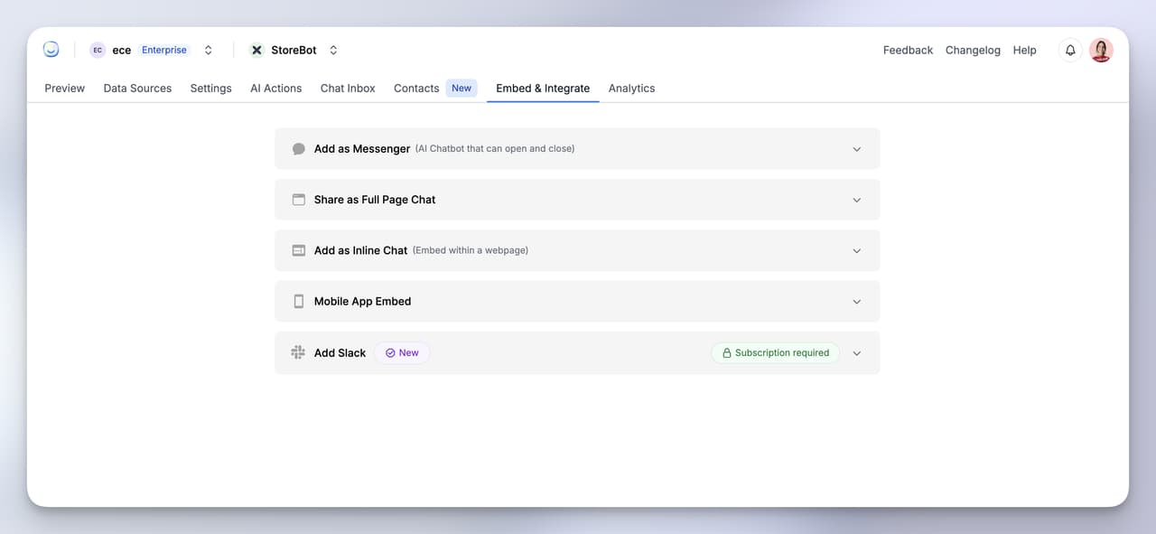 Various integration options in LiveChatAI for embedding a Webflow AI Agent including Messenger, Full Page, and Inline Chat
