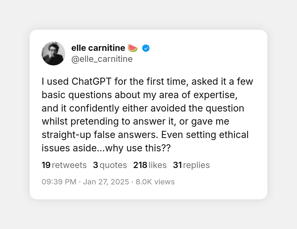 Tweet from @elle_carnitine criticizing ChatGPT accuracy and reliability issues