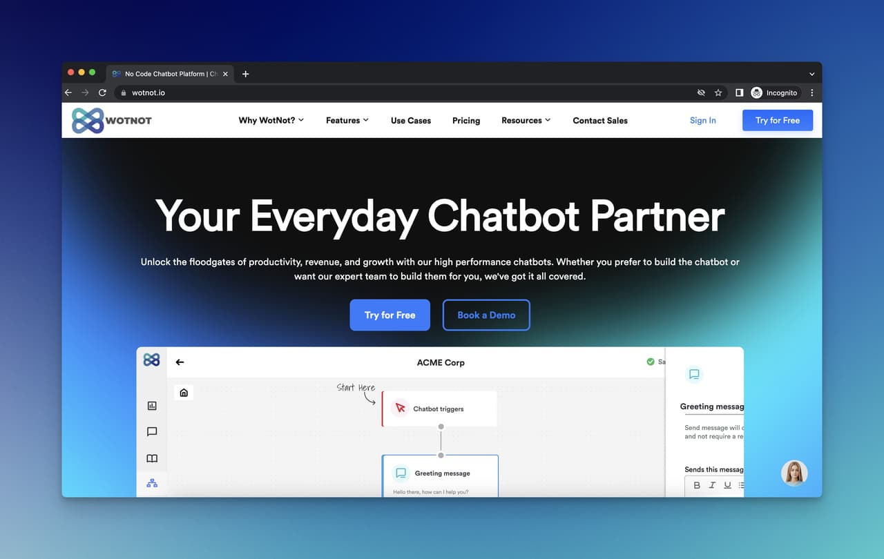 Wotnot homepage with guiding CTAs and main feature display for multichannel chatbot with WhatsApp and SMS support
