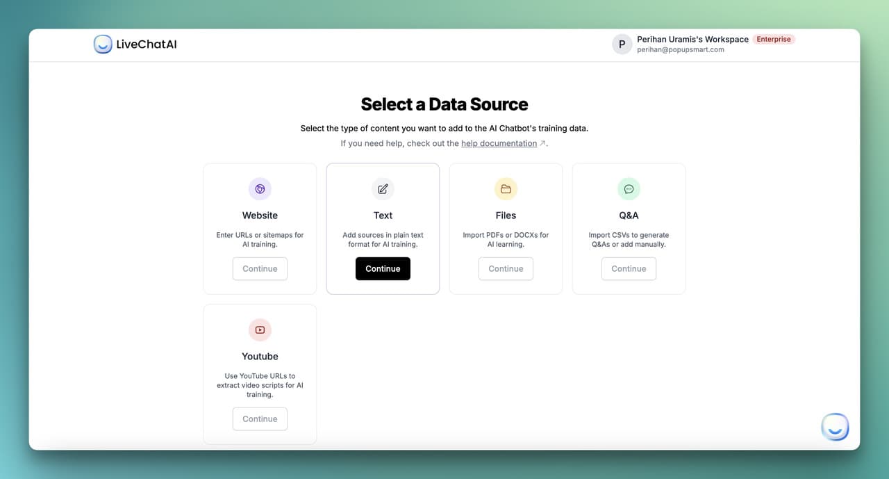 Selecting a data source to train the AI chatbot on LiveChatAI