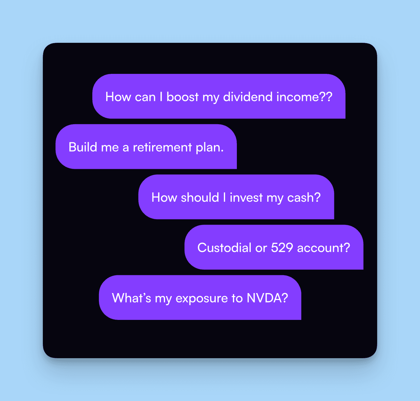 Finance chatbot example interface showing account queries and transaction history in a banking app