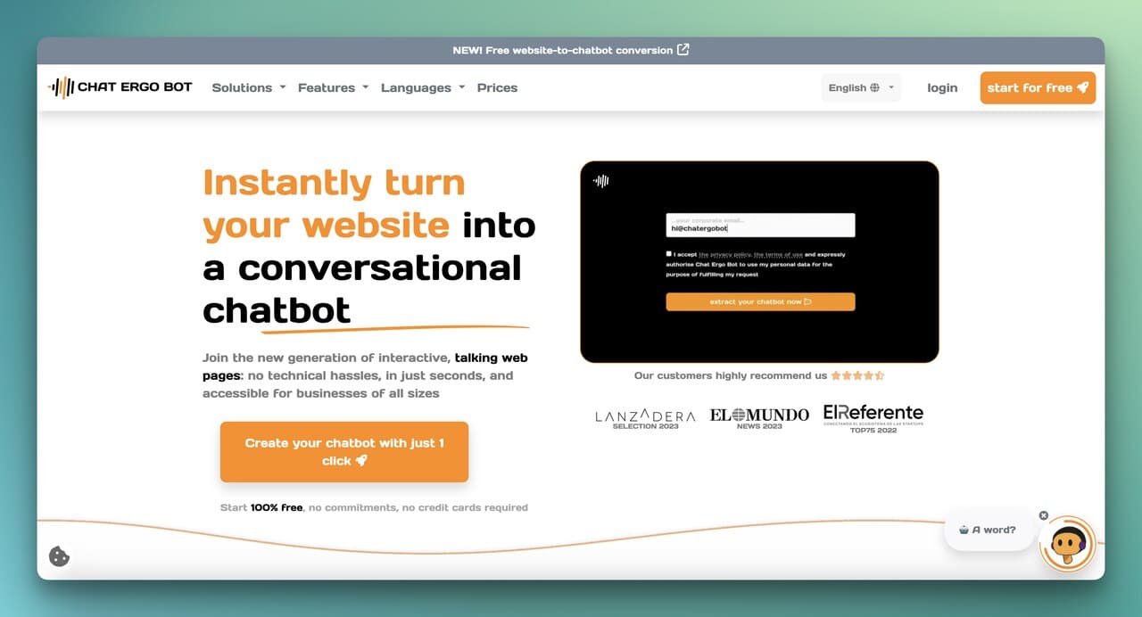 Chat Ergo Bot homepage showing customizable chatbot solutions for small businesses and startups