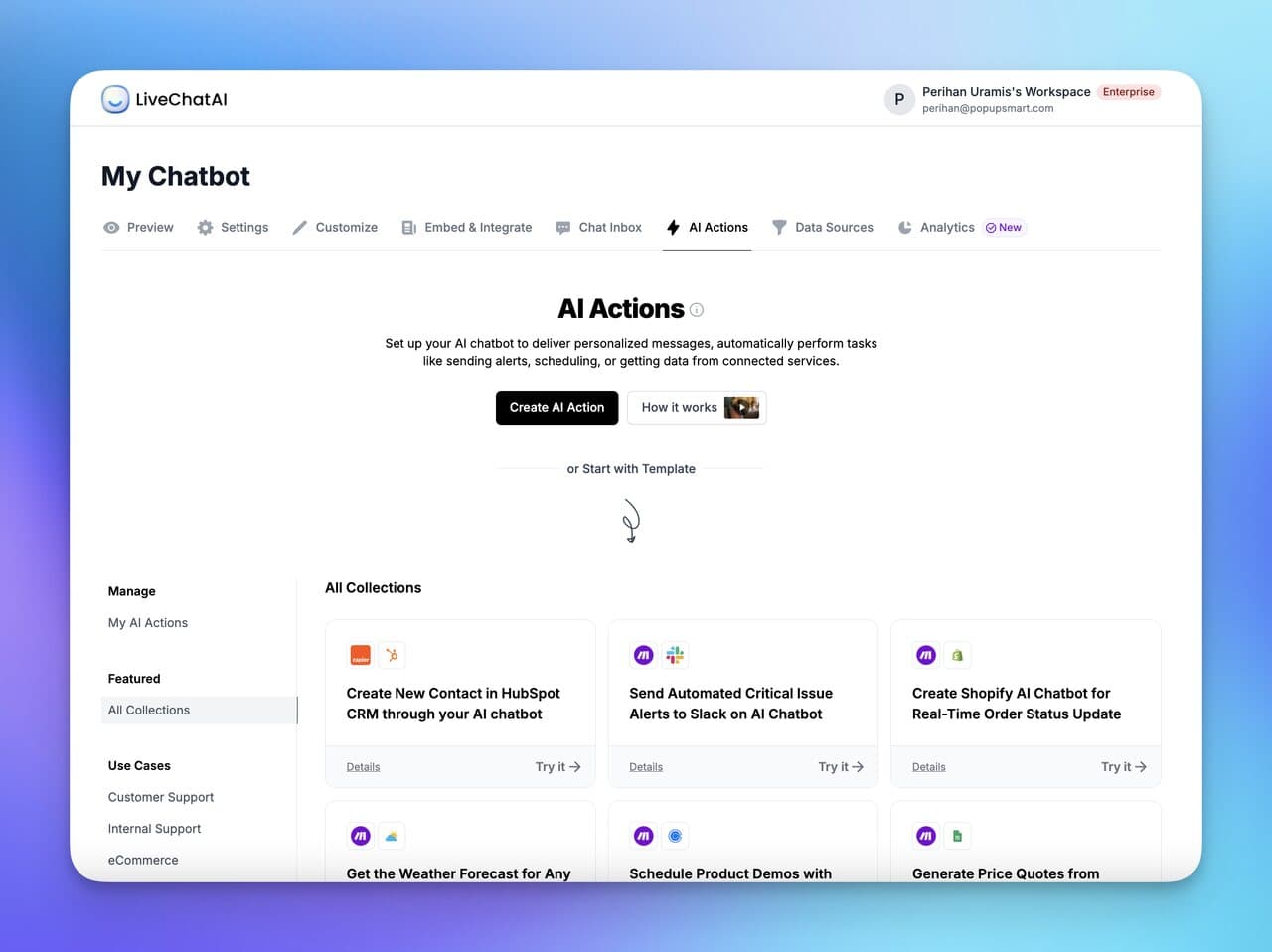the AI Actions tab on the LiveChatAI dashboard
