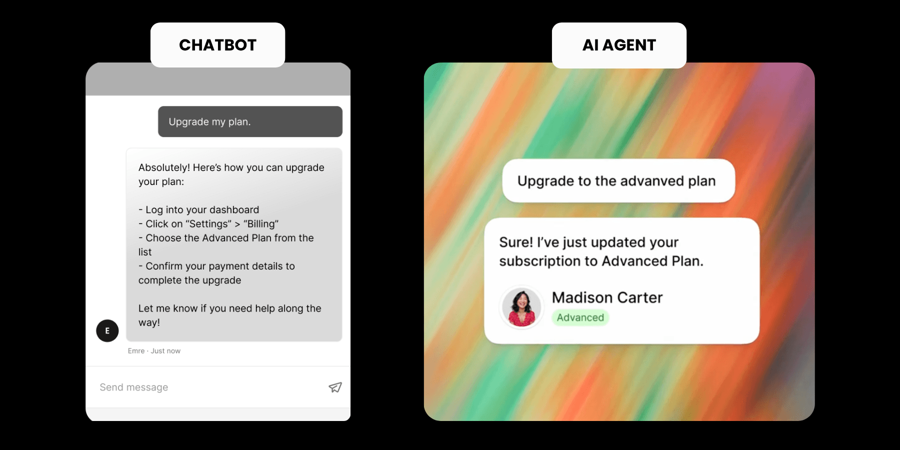 Side-by-side comparison of a chatbot and an AI agent, where the chatbot gives step-by-step instructions on upgrading a plan while the AI agent completes the upgrade automatically.
