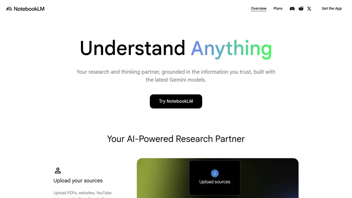 NotebookLM homepage with the Understand Anything headline and Try NotebookLM call to action button