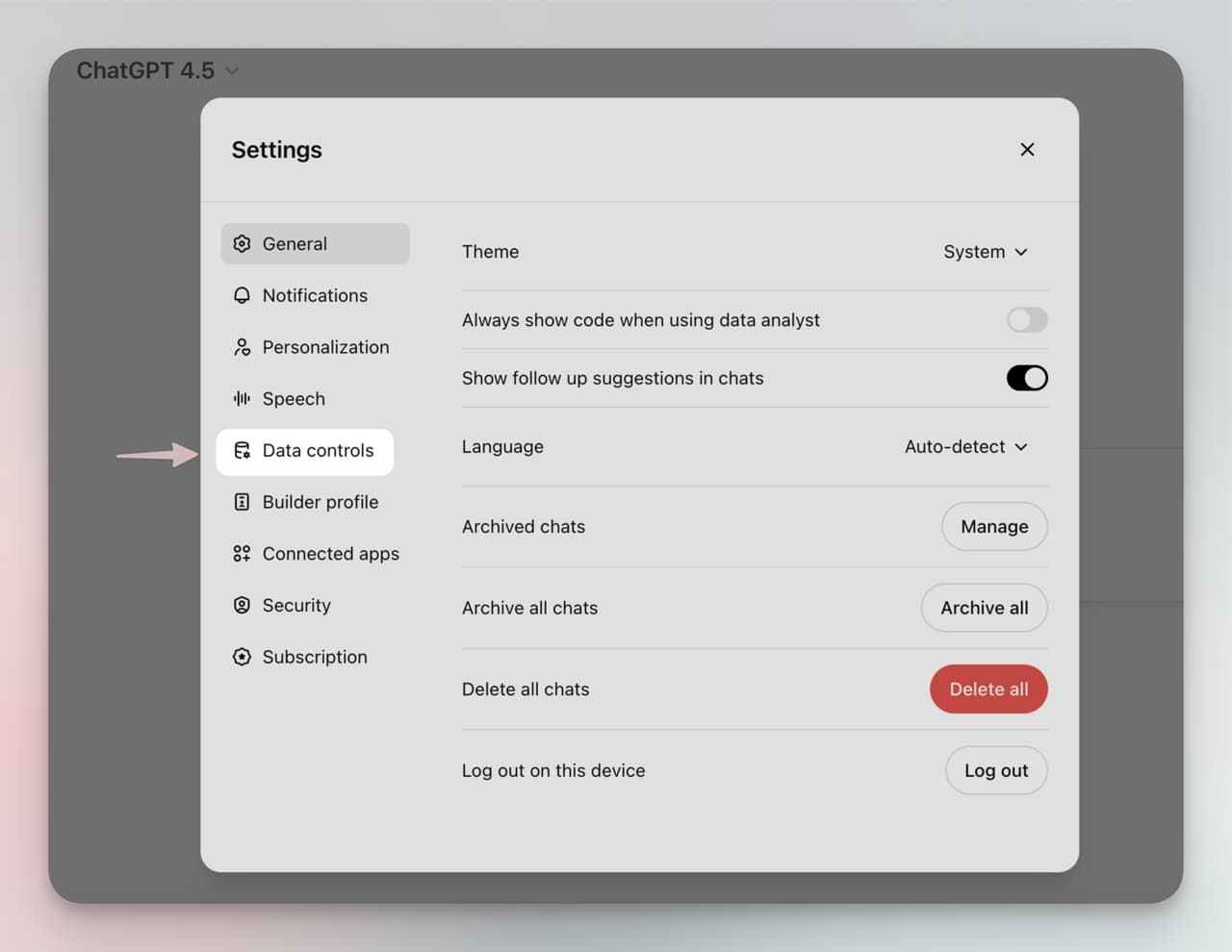 ChatGPT settings screen showing the Data Controls option, where users can manage chat history, archived chats, and data privacy preferences to stop data saving.
