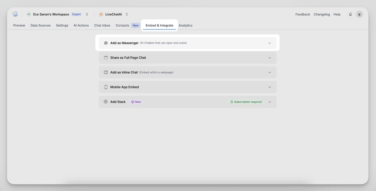 Embed options for adding a Wix AI Agent via LiveChatAI, including Messenger, Inline Chat, and Full Page Chat.