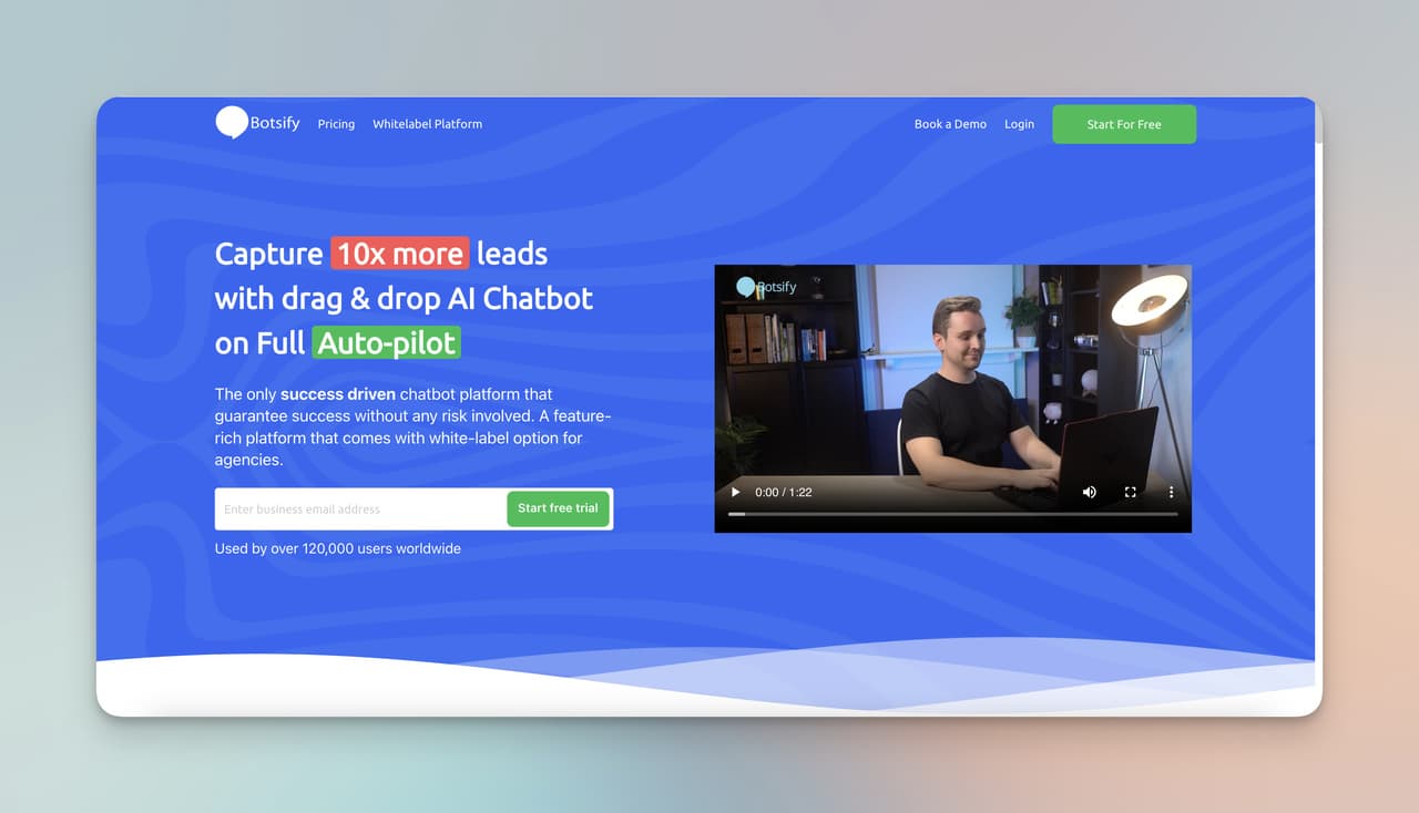 Botsify homepage on a blue background introducing the multi-language chatbot platform