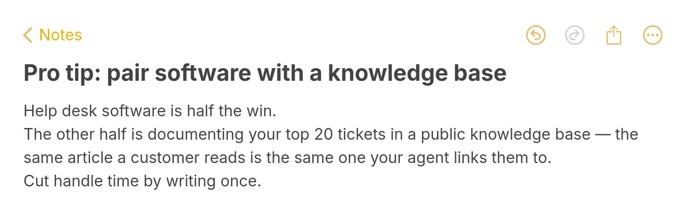 Apple Notes style pro tip explaining that help desk software is half the win and the other half is documenting your top 20 tickets in a public knowledge base