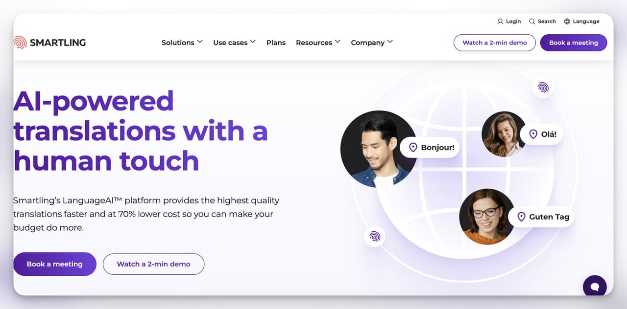 Smartling translation management system landing page showing website localization and content translation features