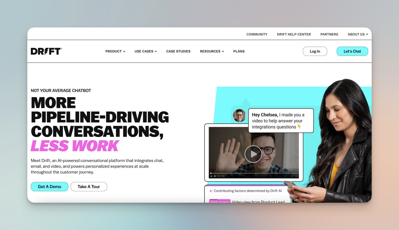 the homepage of Drift, which is divided into two: with image and writing