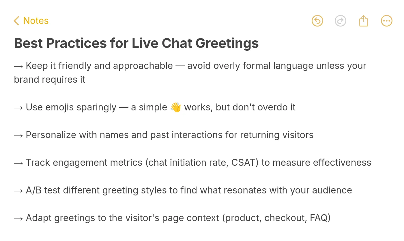 note with best practices for writing effective live chat greetings including personalization A/B testing and context-based messaging