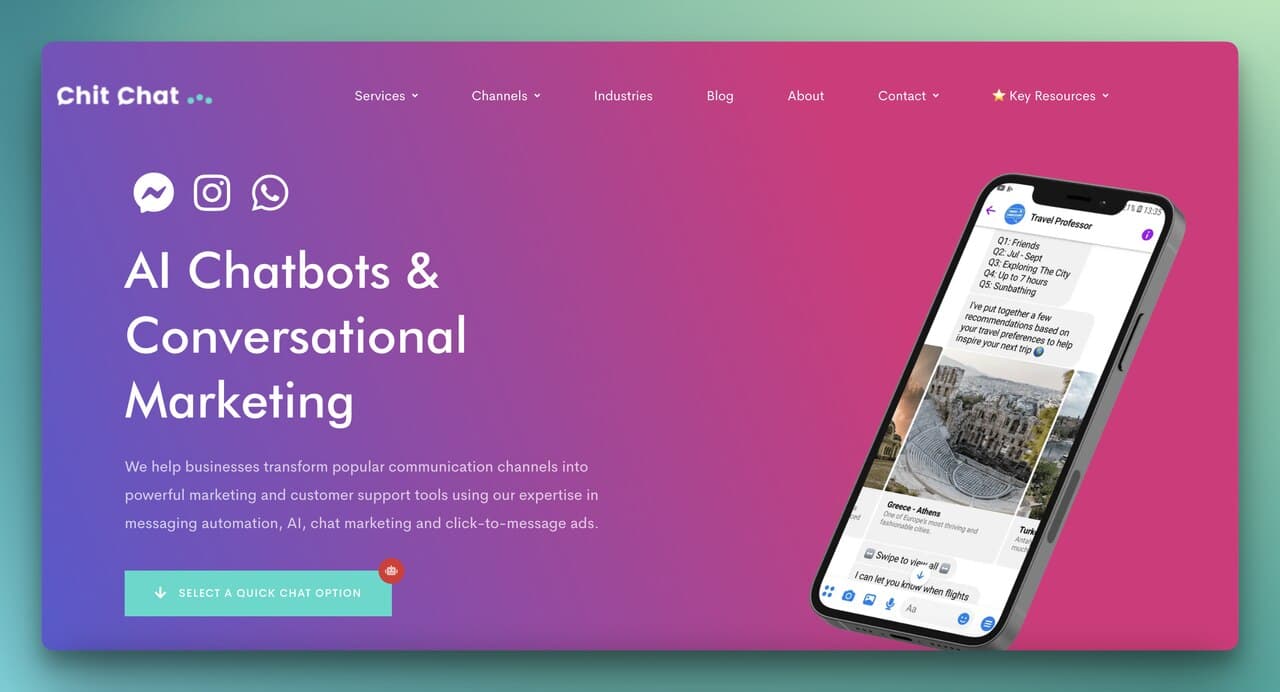 Chit Chat Agency homepage offering custom messaging automation across Messenger WhatsApp and Instagram