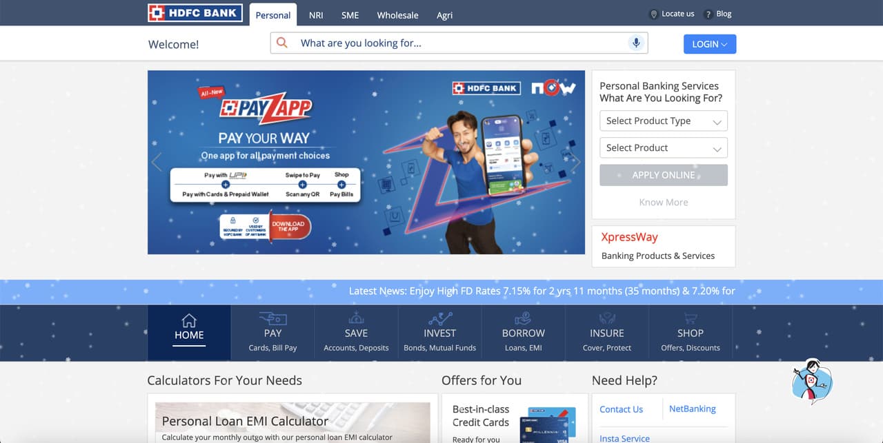 HDFC Bank website with blue and white color theme featuring WhatsApp chatbot for property listings home loans and rental viewings